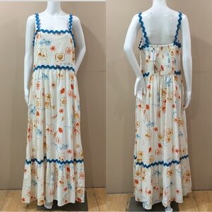 Cece Maxi Sundress Seashore Linen Blend Smocked Back Beach Resortwear Women L